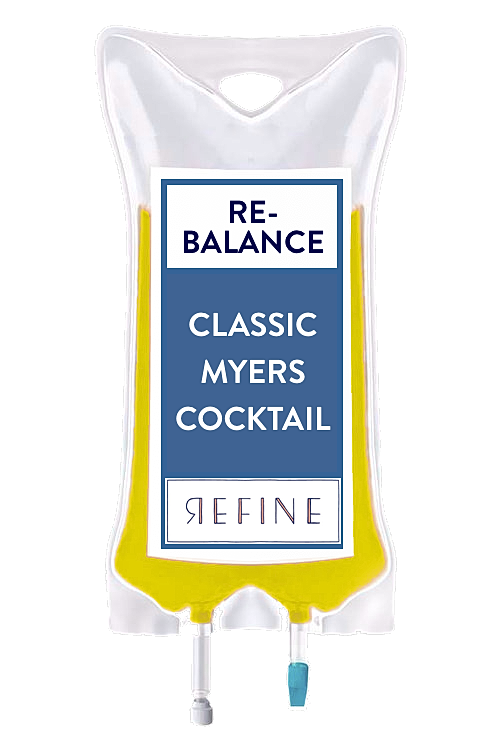 IV bag labeled Classic Myers Cocktail for hydration.
