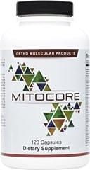 MitoCore dietary supplement bottle with capsules.