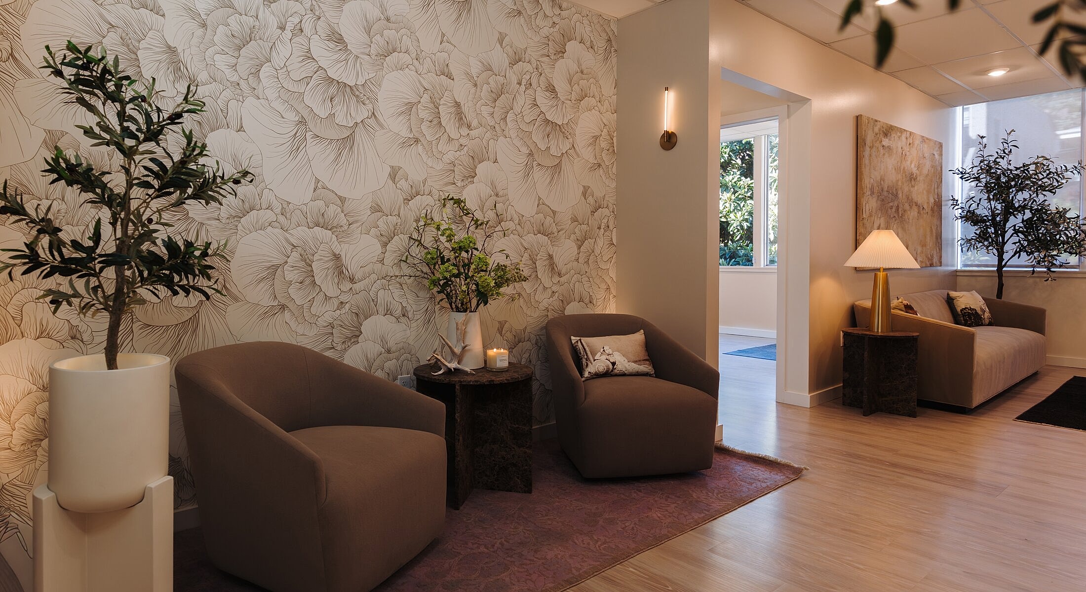 Cozy lobby with stylish furniture and decor.