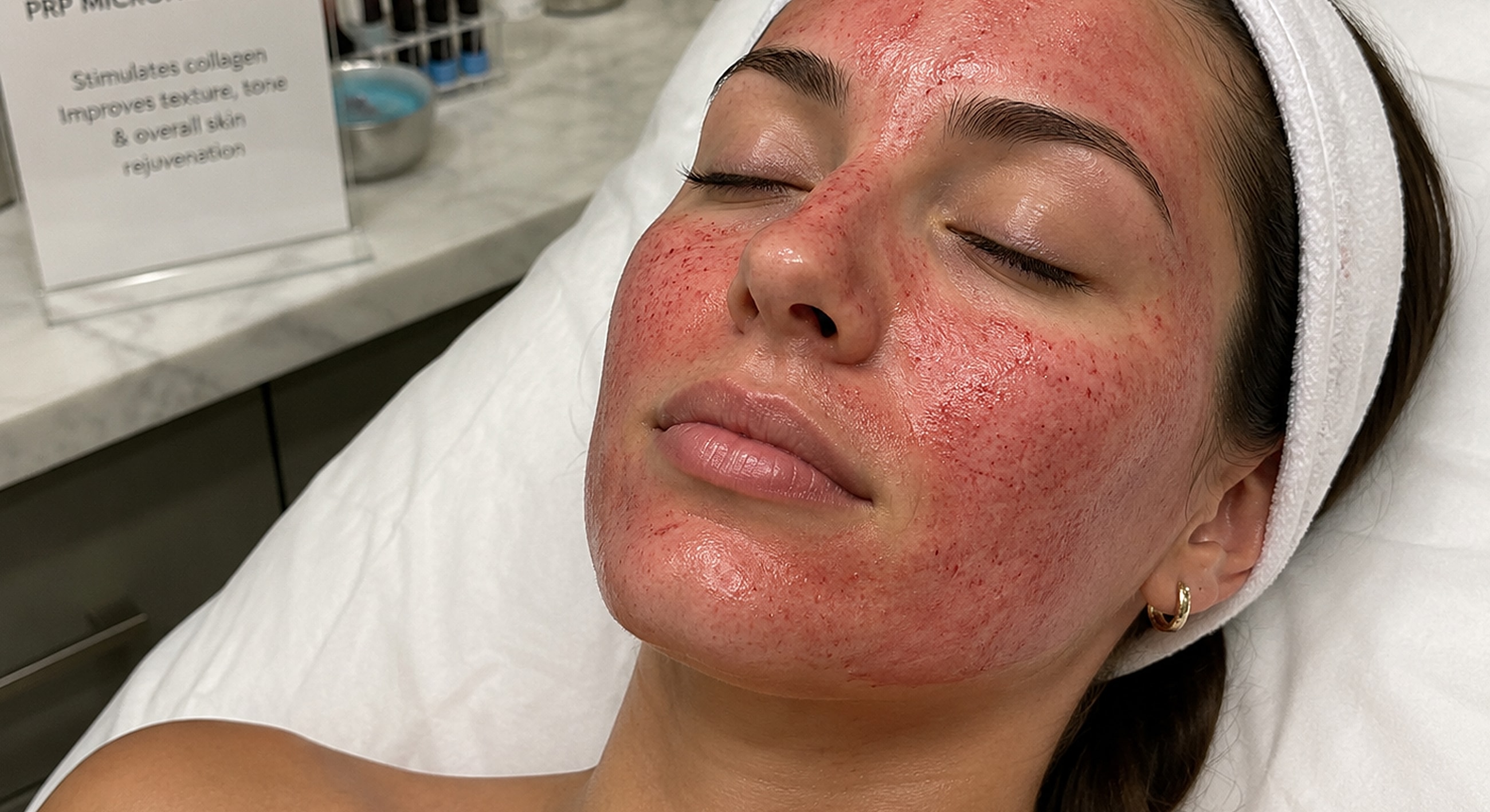 Facial treatment with red skin after procedure.