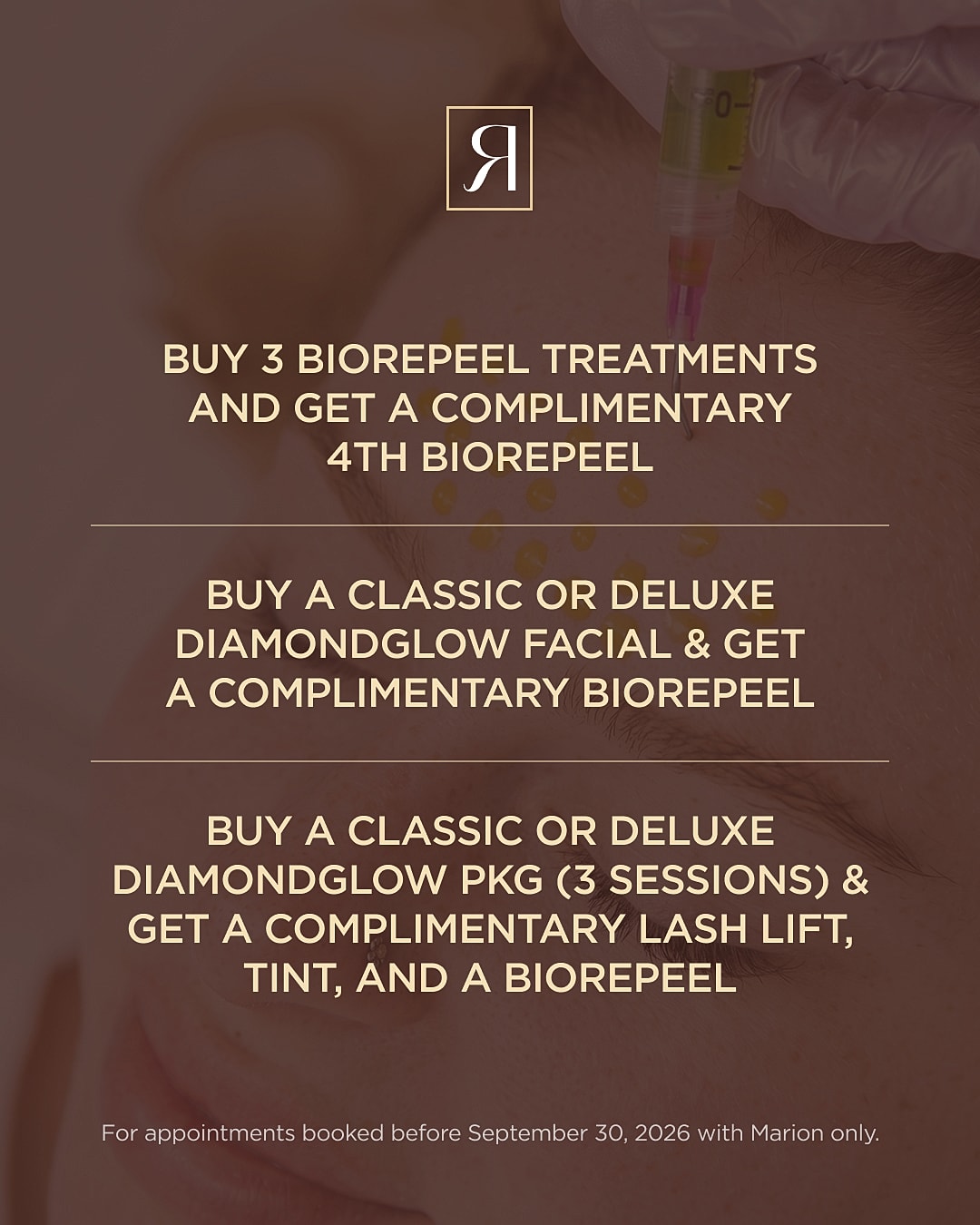Promotional skincare treatments and complimentary offers
